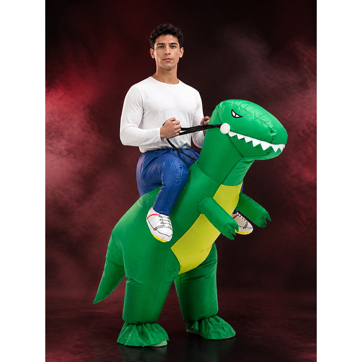 Green Inflatable Riding Dinosaur Costume, Funny Halloween Suit with Yellow Belly main product view