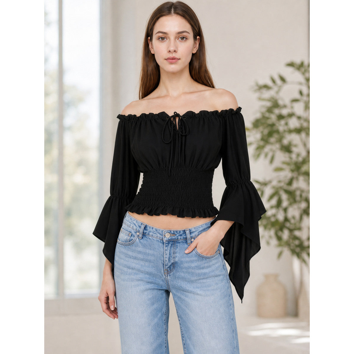 Black Cropped Off-the-Shoulder Blouse lifestyle view