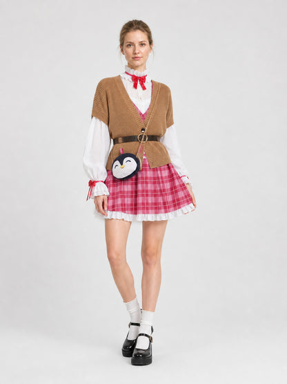 Penguin Cosplay Costume with Plaid Dress and White Ruffles