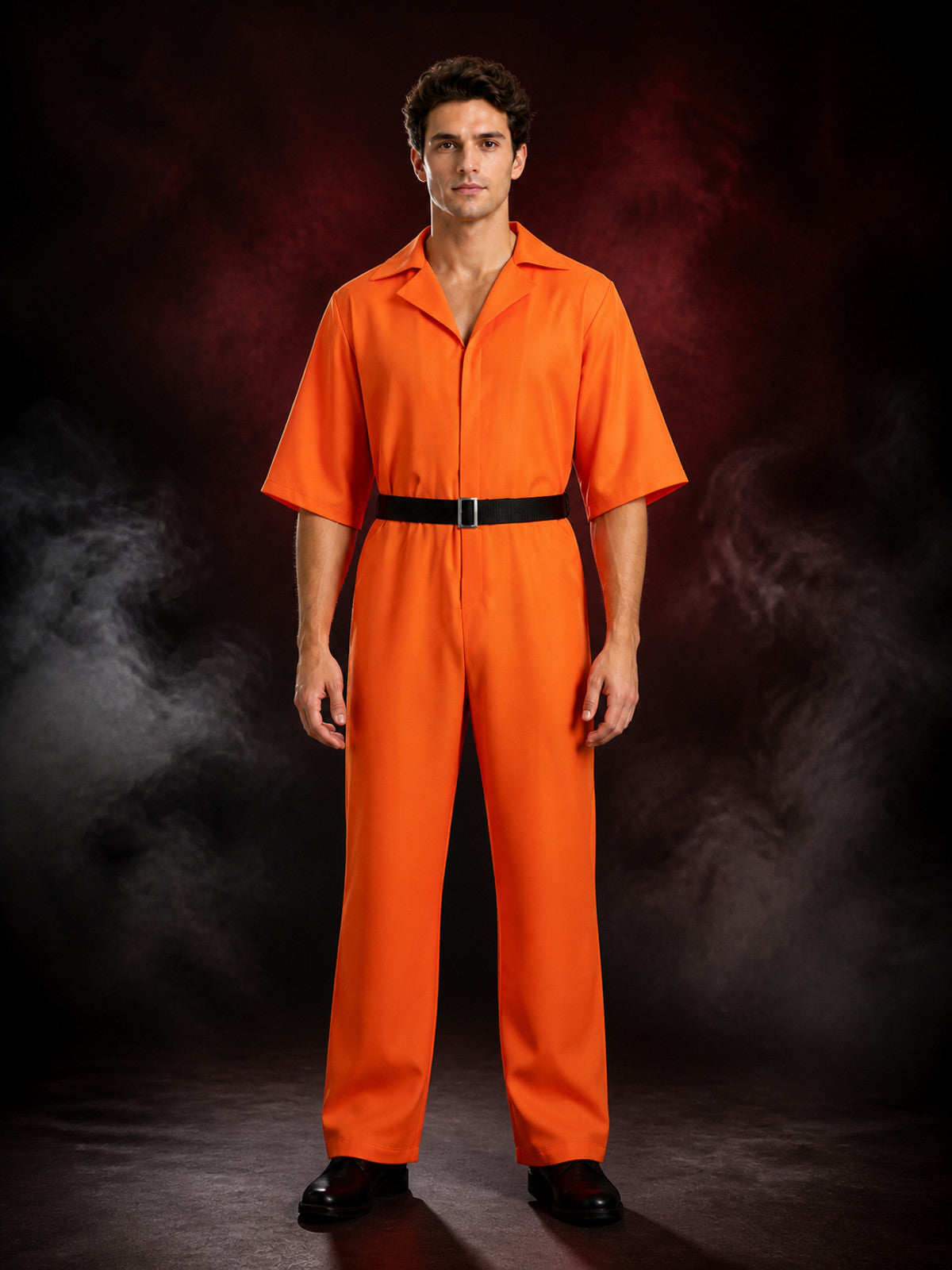 Orange Plus Size Prisoner Jumpsuit Costume, Collared Short-Sleeve Halloween main product view