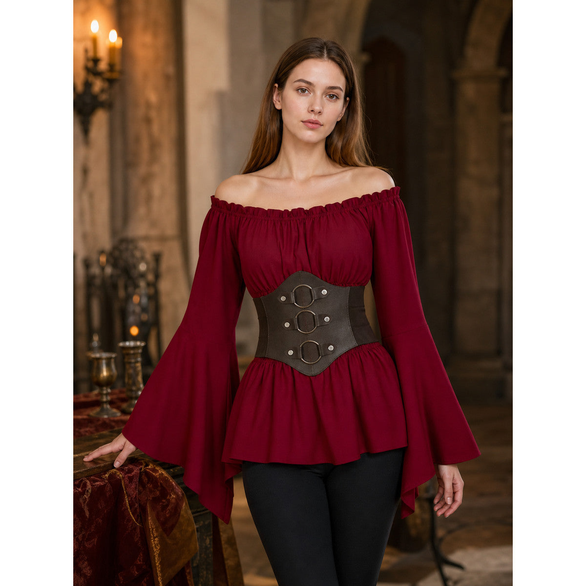Medieval Red Dress with Belt and Sleeves