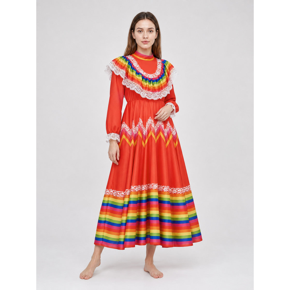 Folk Performance Dress with Long Sleeves on-model front view