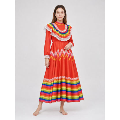 Folk Performance Dress with Long Sleeves on-model front view