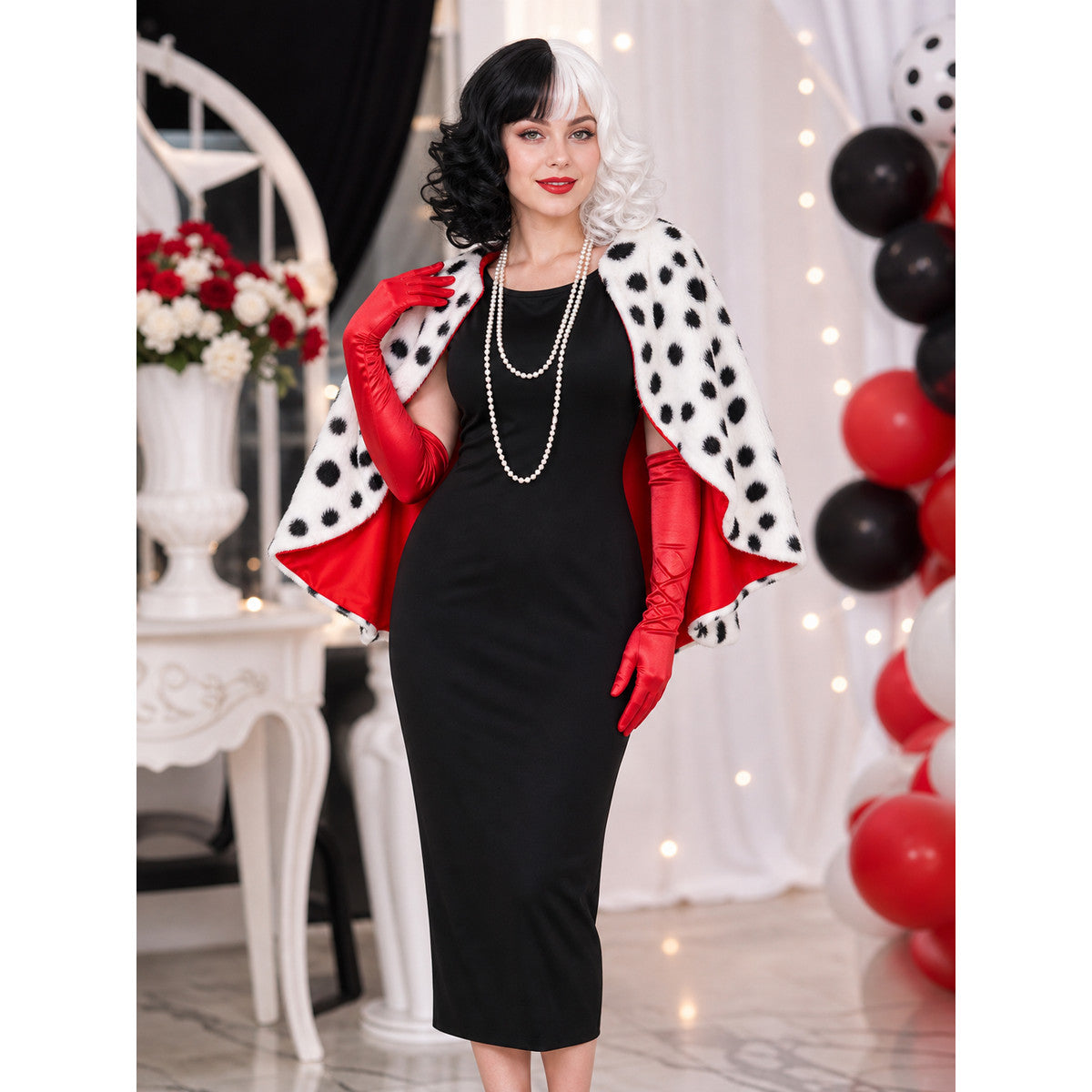 Cruella Halloween Costume with Wig and Cape lifestyle view