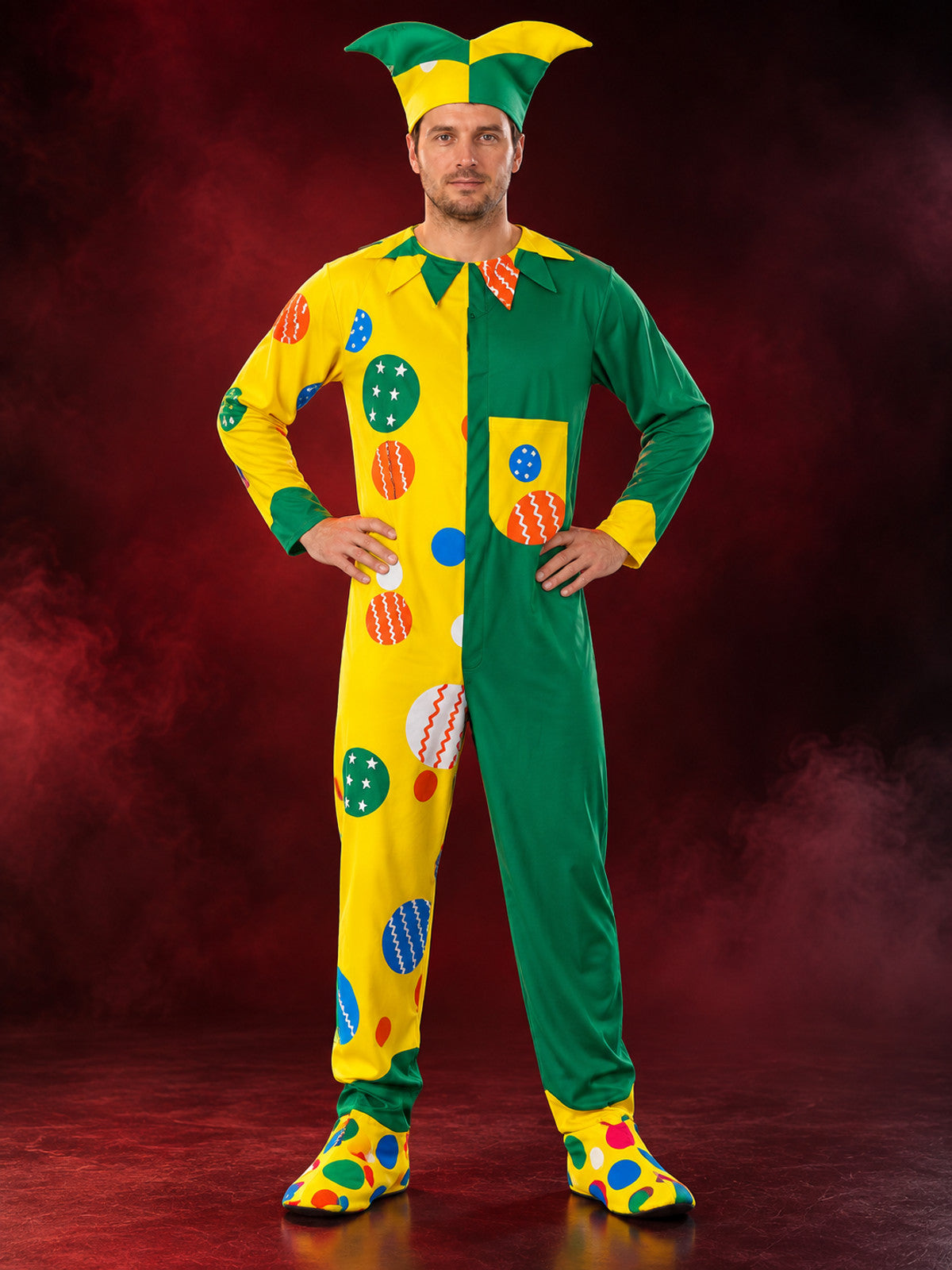Asymmetrical Yellow-Green Clown Costume with Hat