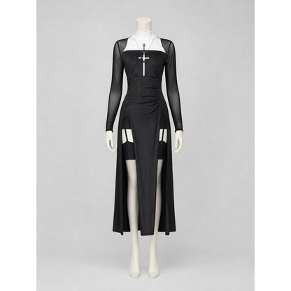 Carnival costume with dress, head covering, and cross lifestyle