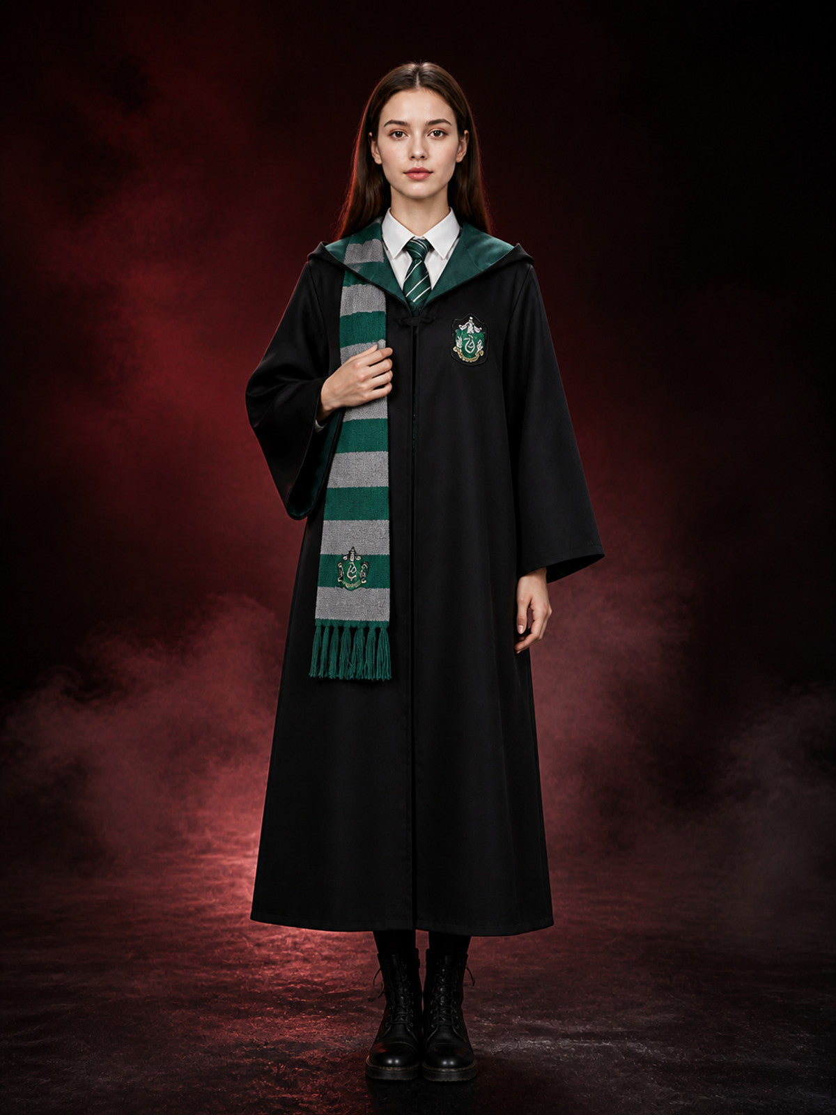Slytherin Wizard Robe Costume Set with Tie & Scarf, Black Hooded Robe with Green main product view