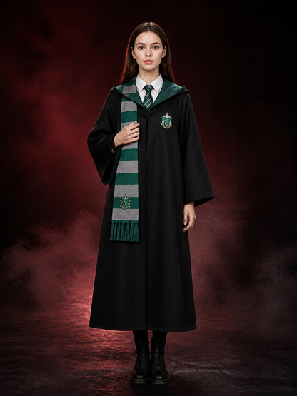 Slytherin Wizard Robe Costume Set with Tie & Scarf, Black Hooded Robe with Green main product view