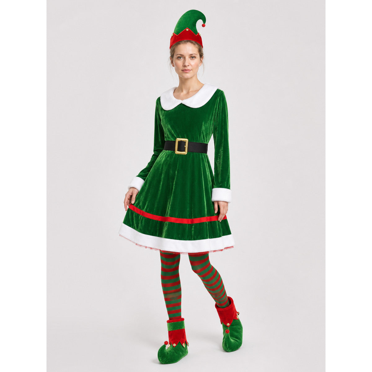 Elf Costume with Dress, Hat, and Tights on-model front view