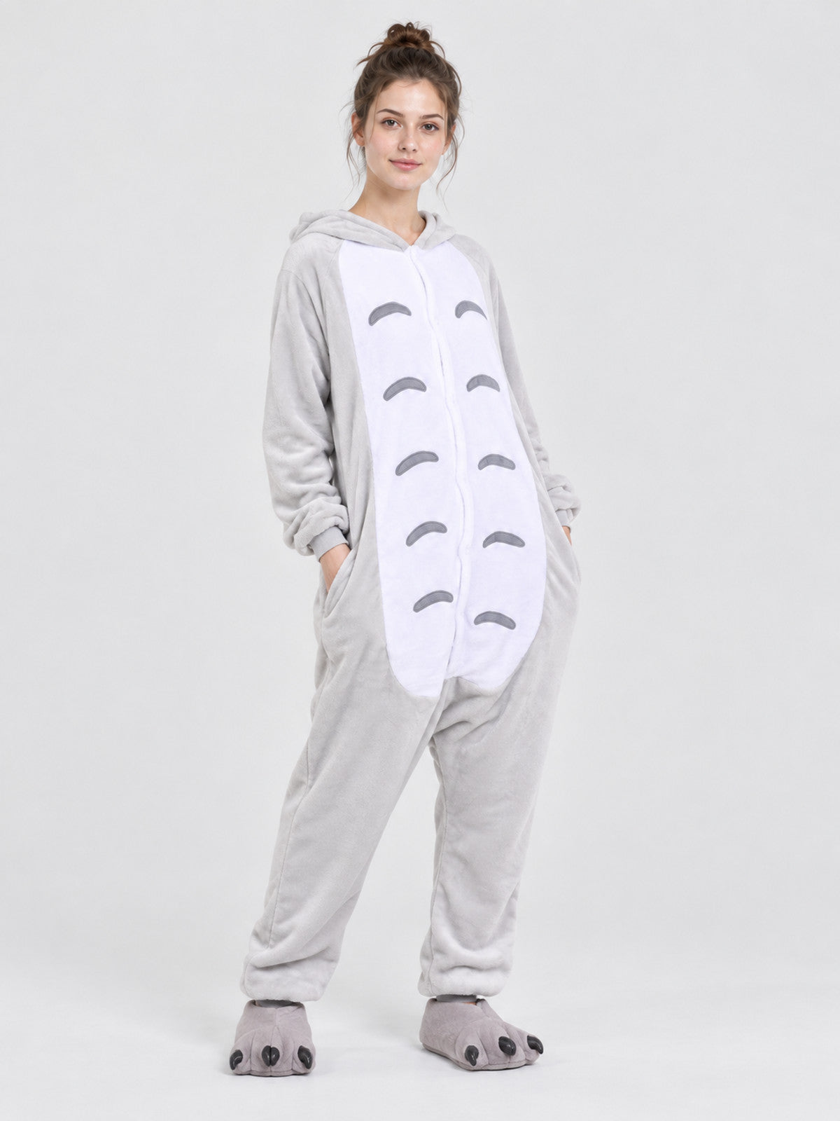 Gray and White Flannel Hooded Pajama Jumpsuit
