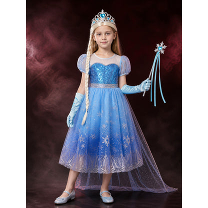 Kids Snow Queen Sequined Puffy Princess Dress Costume Set with Crown, Wand lifestyle