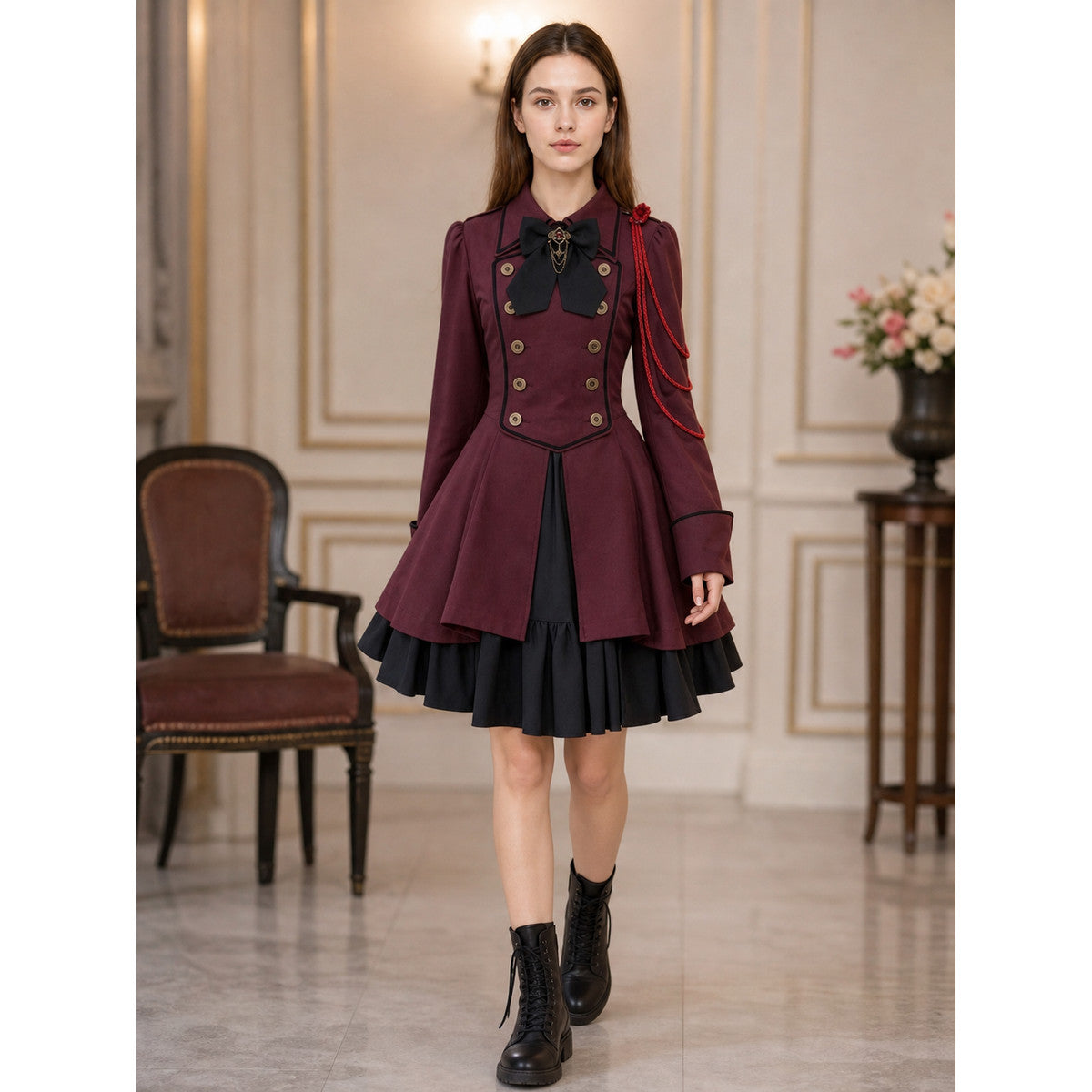 Gothic Long-Sleeve Dress with Double Rows of Buttons lifestyle