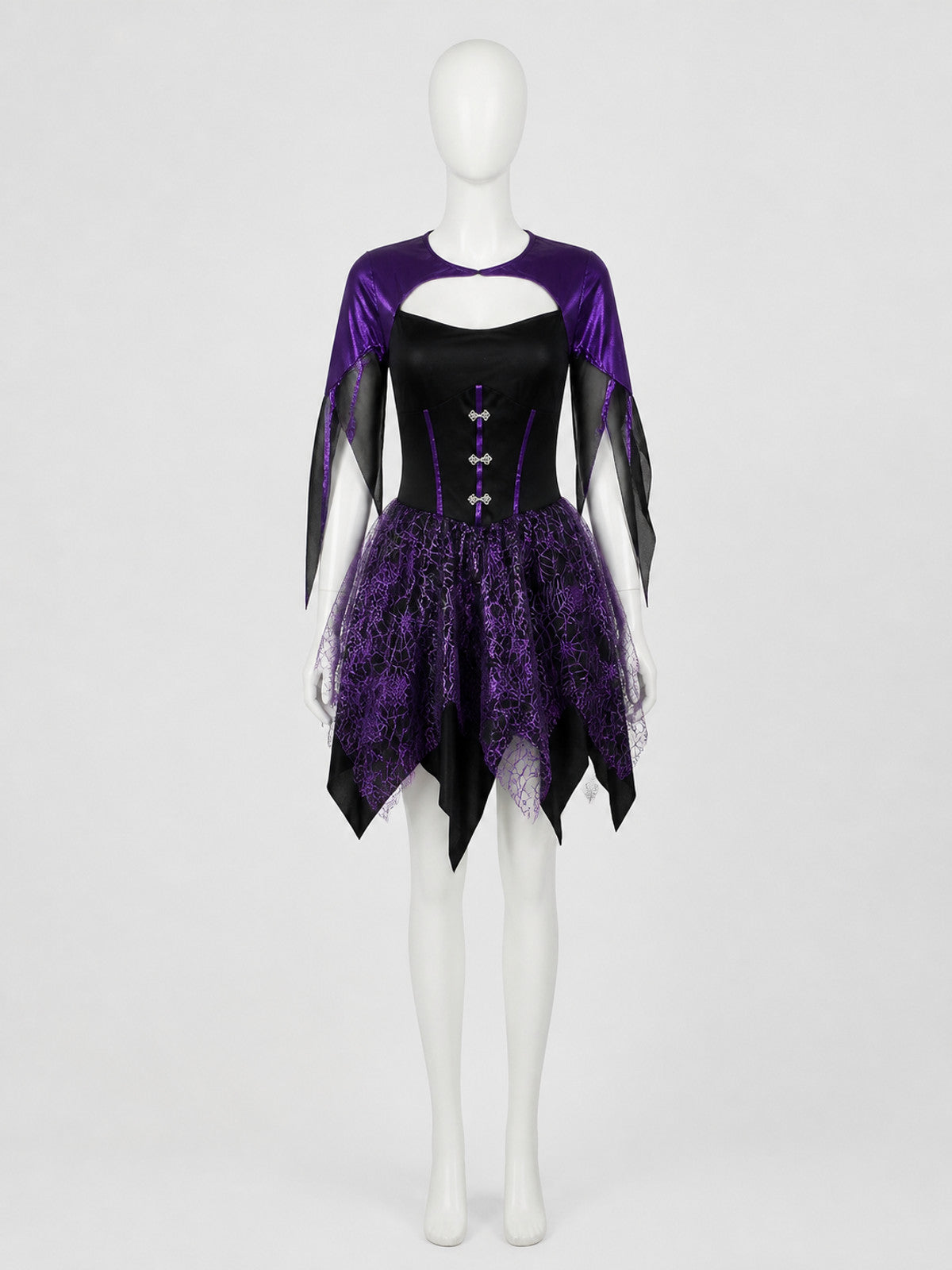 Gothic Witch Costume Dress with Purple Spiderweb Skirt and Fitted Bodice main product view
