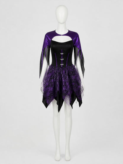 Gothic Witch Costume Dress with Purple Spiderweb Skirt and Fitted Bodice main product view