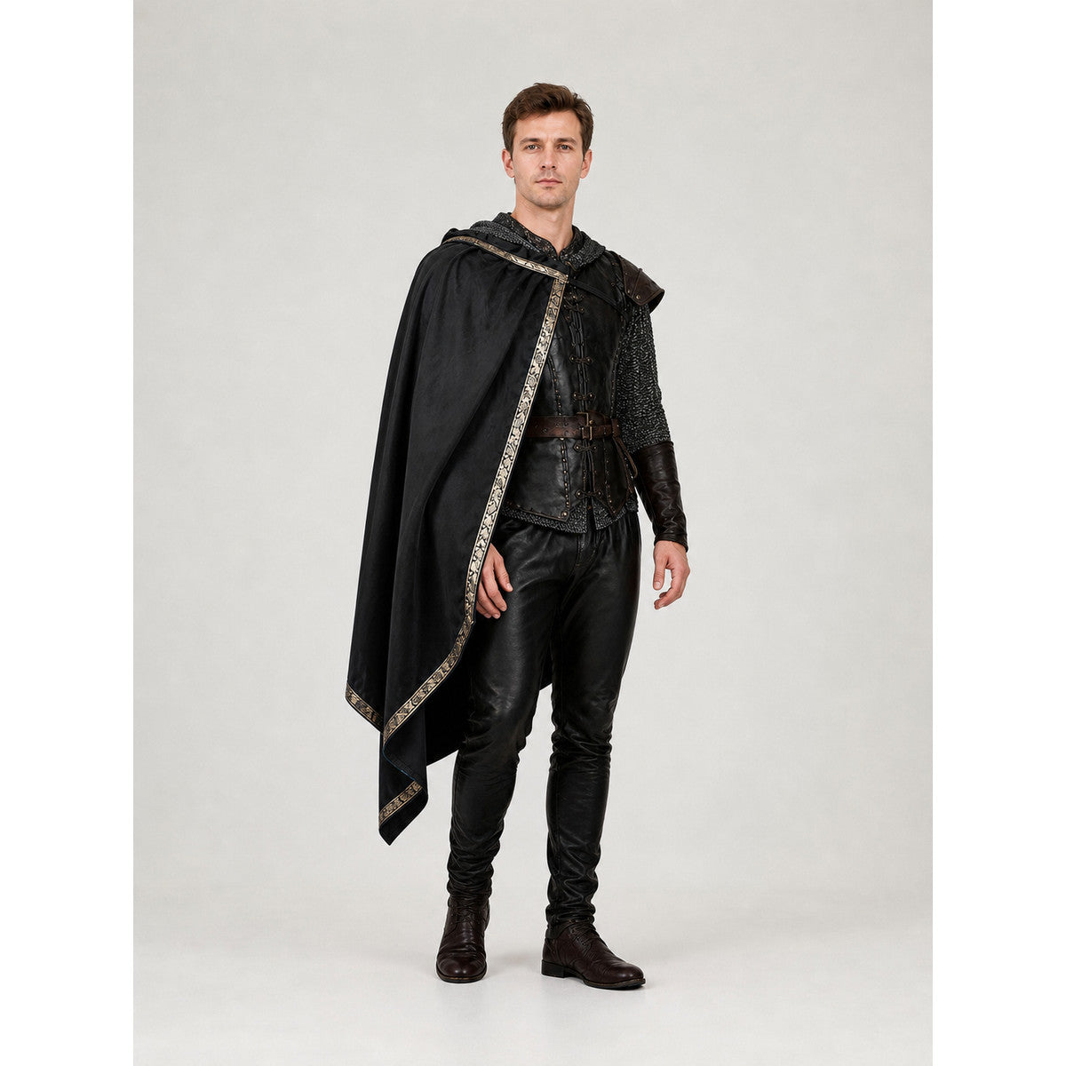 Model wearing the black medieval knight costume with the cape draped over one shoulder