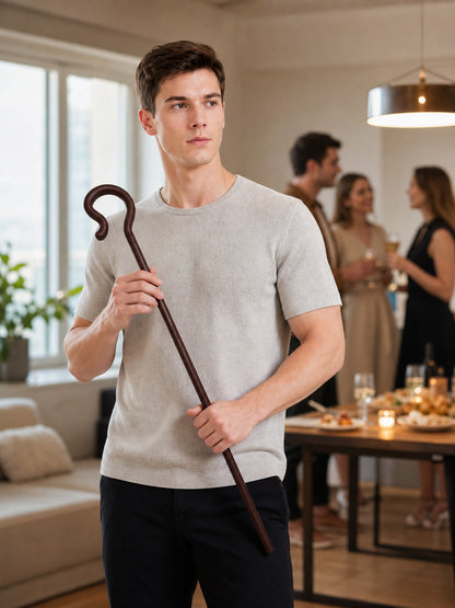 Dark Brown Jesus Scepter Cane Prop, Bent Hook Handle With Ring Grooves, Long