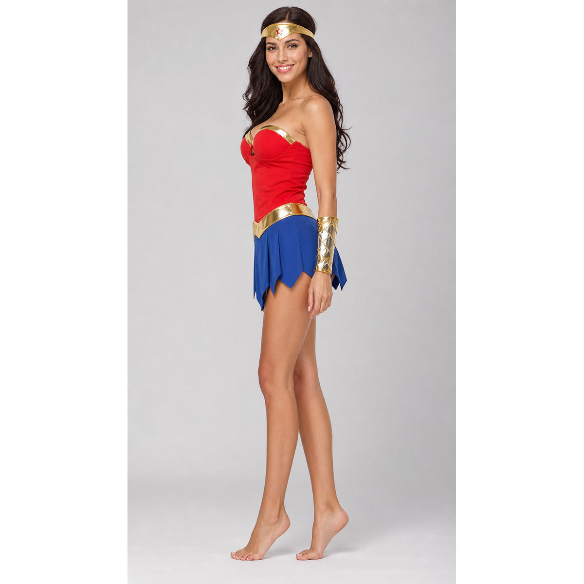 Comic-style cosplay costume with skirt and accessories lifestyle