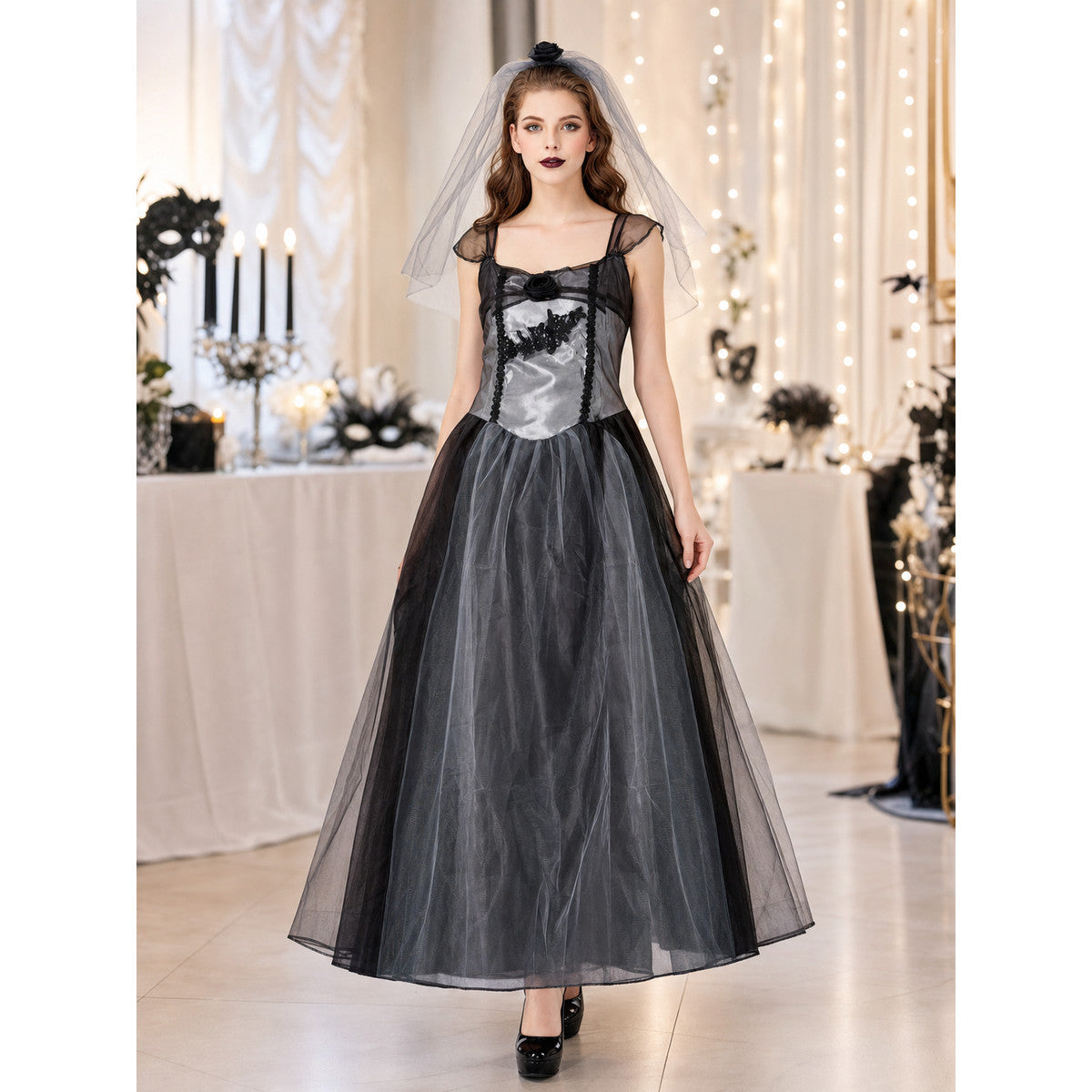 Long Gothic Gray-and-Black Dress with a Rose