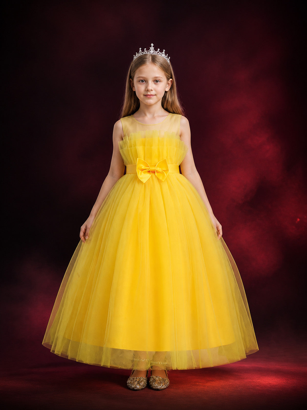 Girls' Yellow Long Princess Dress with Layered Tulle and Double Bows main product view