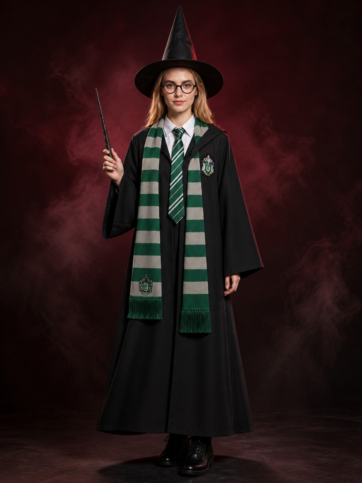 Black and Green Wizard Costume Set with Robe, Hat, Glasses, Wand, Scarf, Shirt