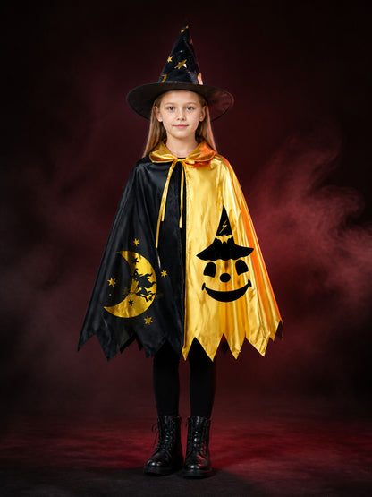 Kids Black and Gold Witch Costume Set with Cape and Pointed Hat, Moon, Bat and main product view