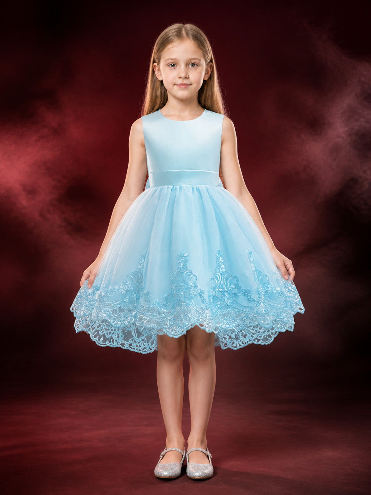Girls' Princess Dress, Sleeveless Tulle Dress With Lace Trim, Sky Blue main product view
