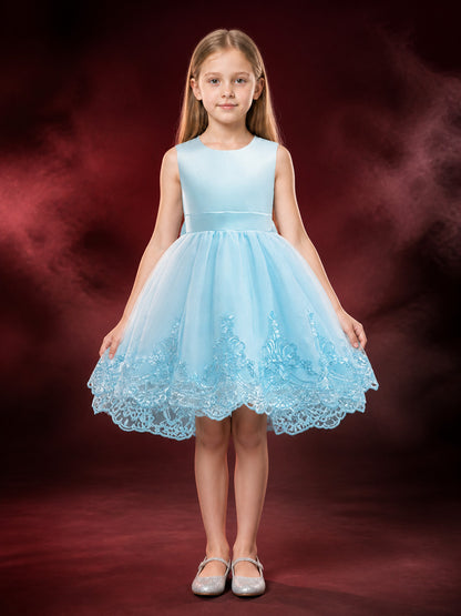 Girls' Princess Dress, Sleeveless Tulle Dress With Lace Trim, Sky Blue main product view