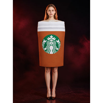 Funny Coffee Cup Drink Costume Jumpsuit, Brown, White & Green Cosplay Outfit main product view