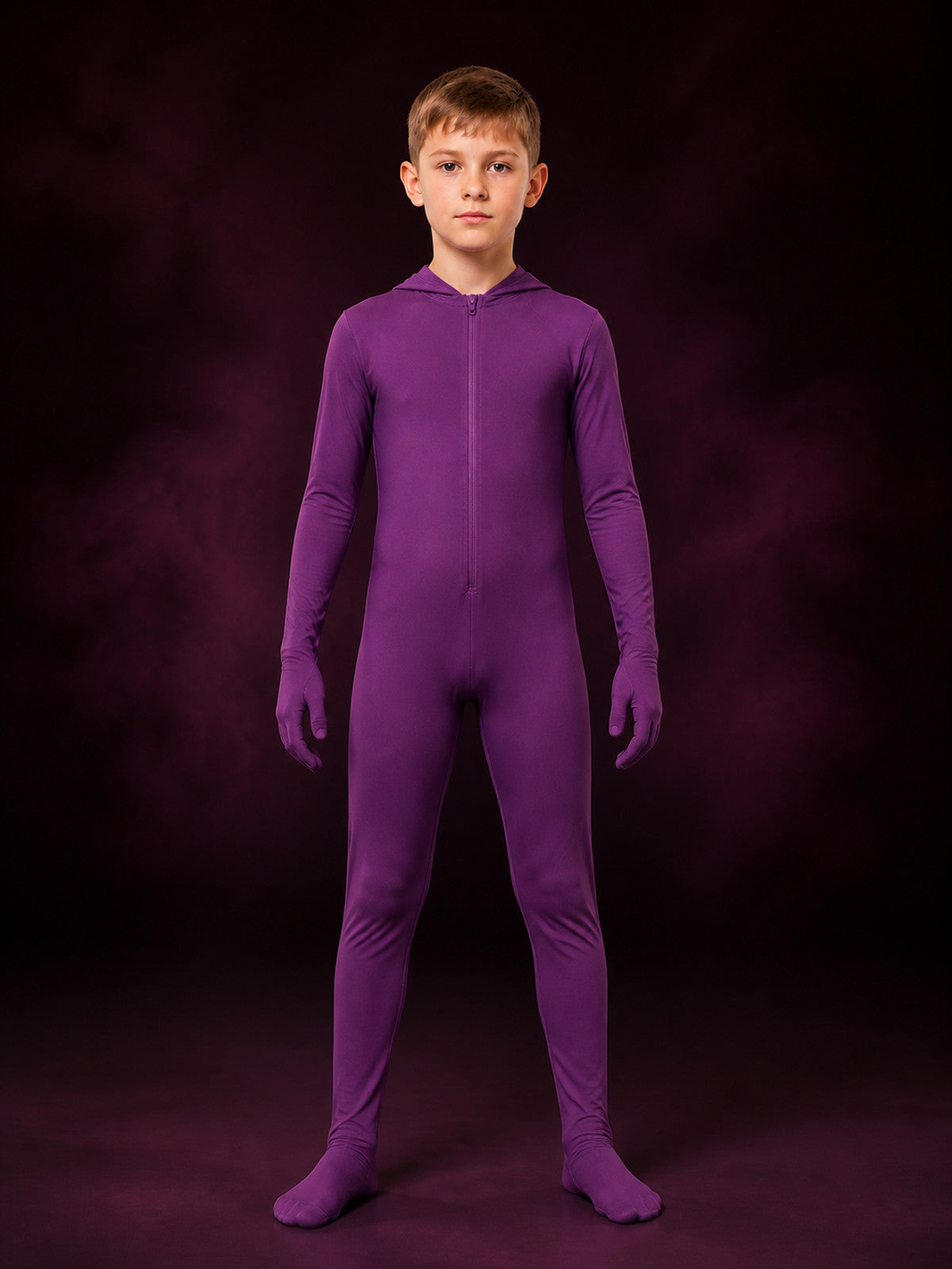 Purple Hooded Full-Body Jumpsuit Costume, Long-Sleeve Cosplay Outfit main product view