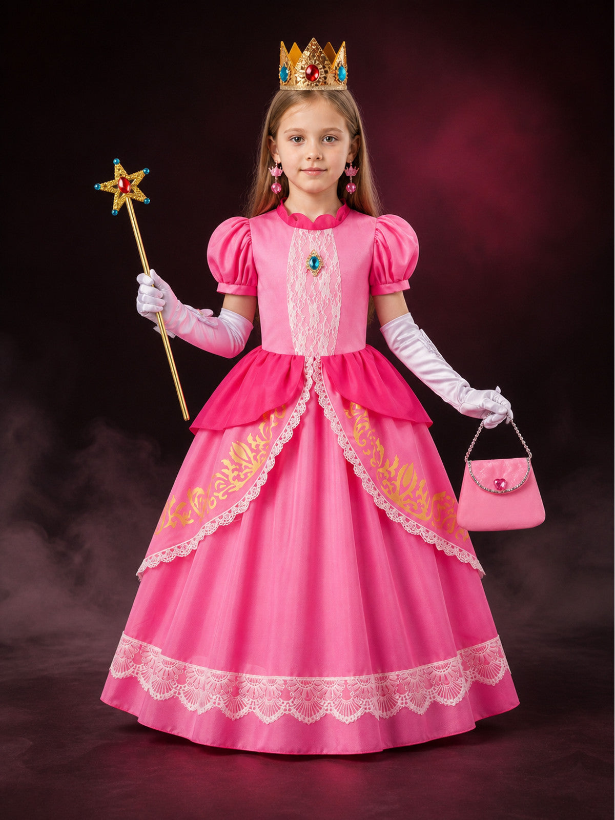 Girls' Princess Halloween Costume Dress Set with Crown, Wand and Handbag