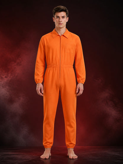Prisoner Jumpsuit Costume for Adults, Orange DOC Print Long Sleeve Jail Outfit