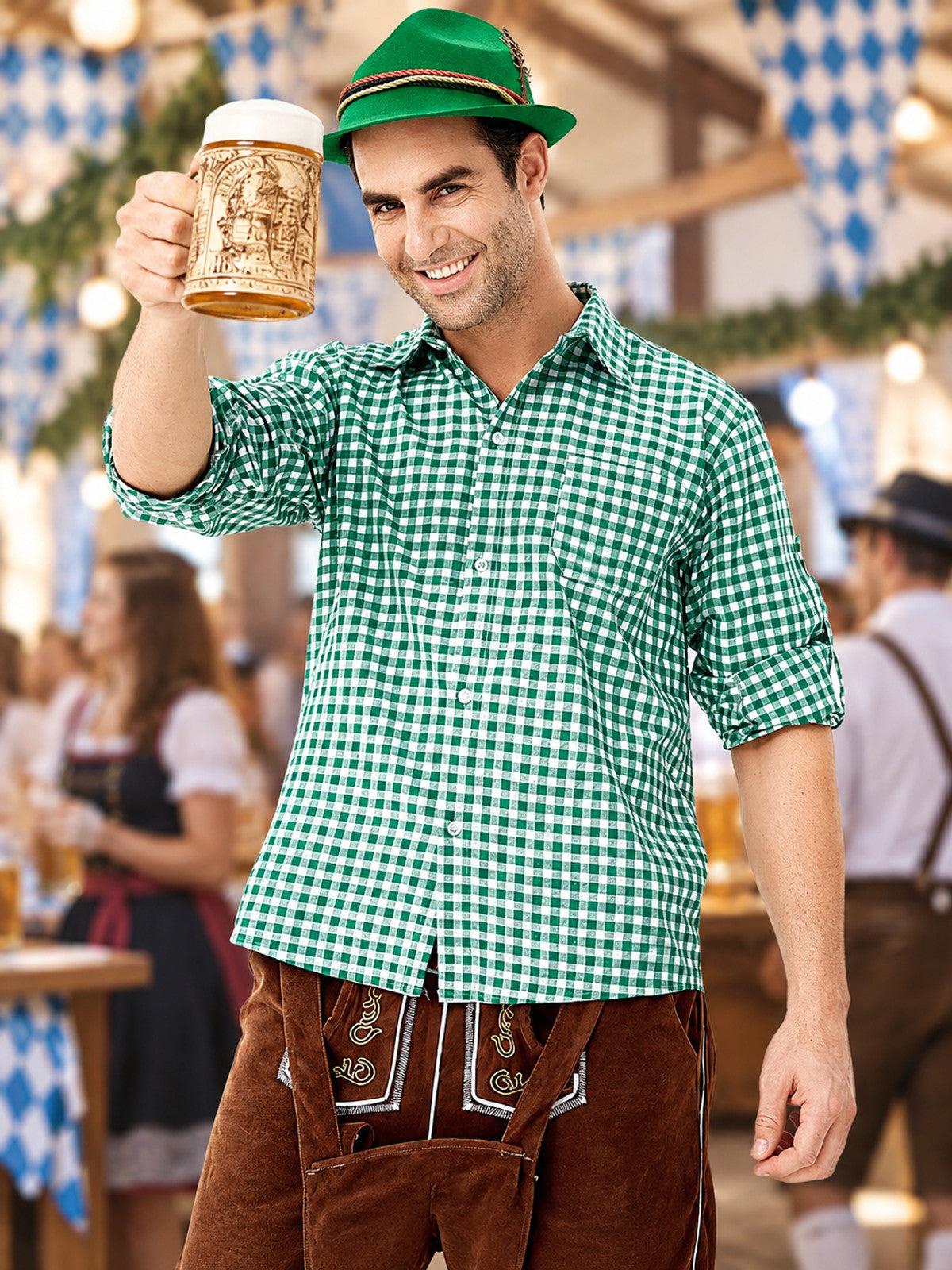Green and White Plaid Shirt for Oktoberfest