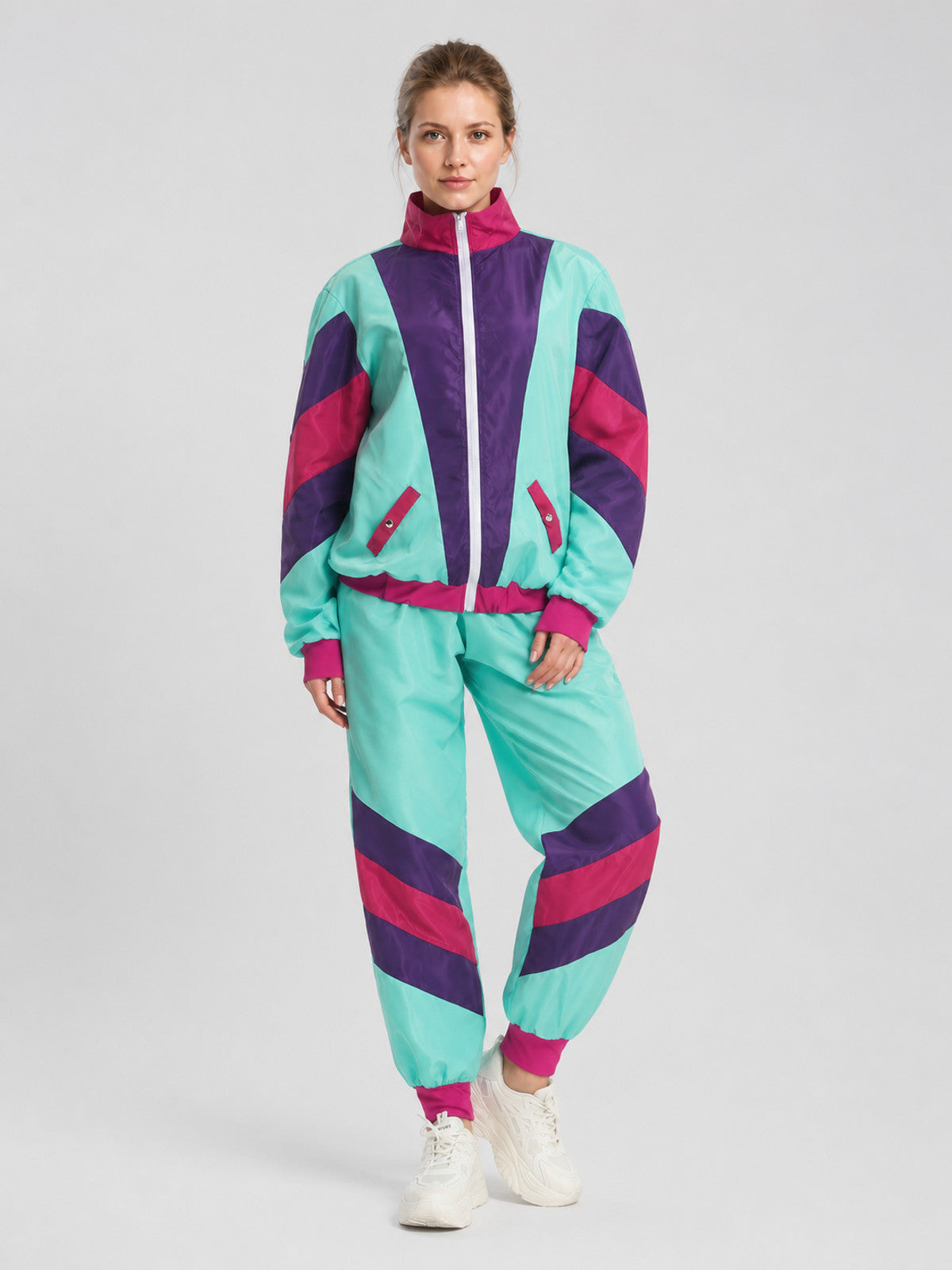 Color-Striped Jumpsuit with Zipper and Stand Collar product detail