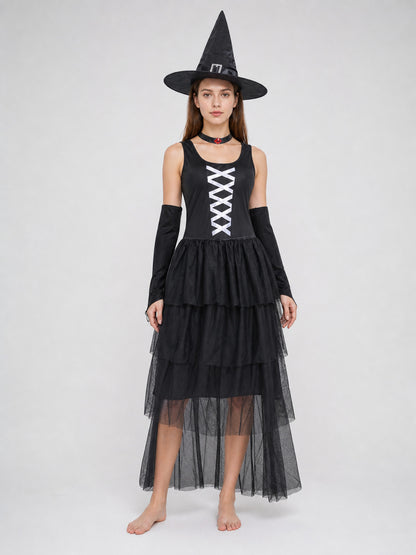 The set includes a black sleeveless dress, a pointed witch hat, separate