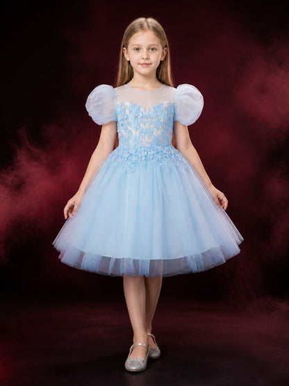 Baby Girls' Princess Party Dress, Sky Blue Tulle Gown With Puff Sleeves And main product view