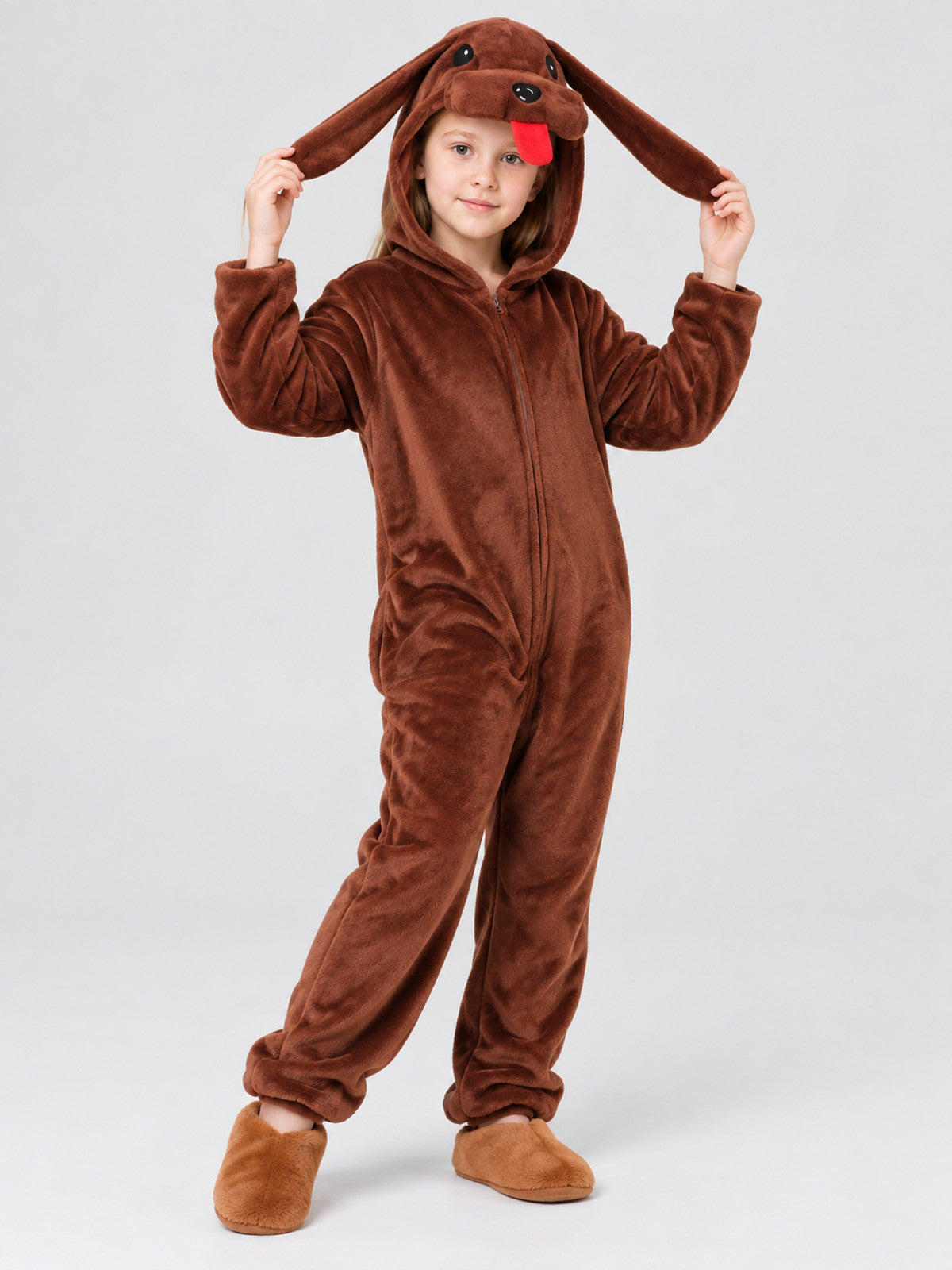 Brown Fleece Hooded Pajama Jumpsuit with Dog Design