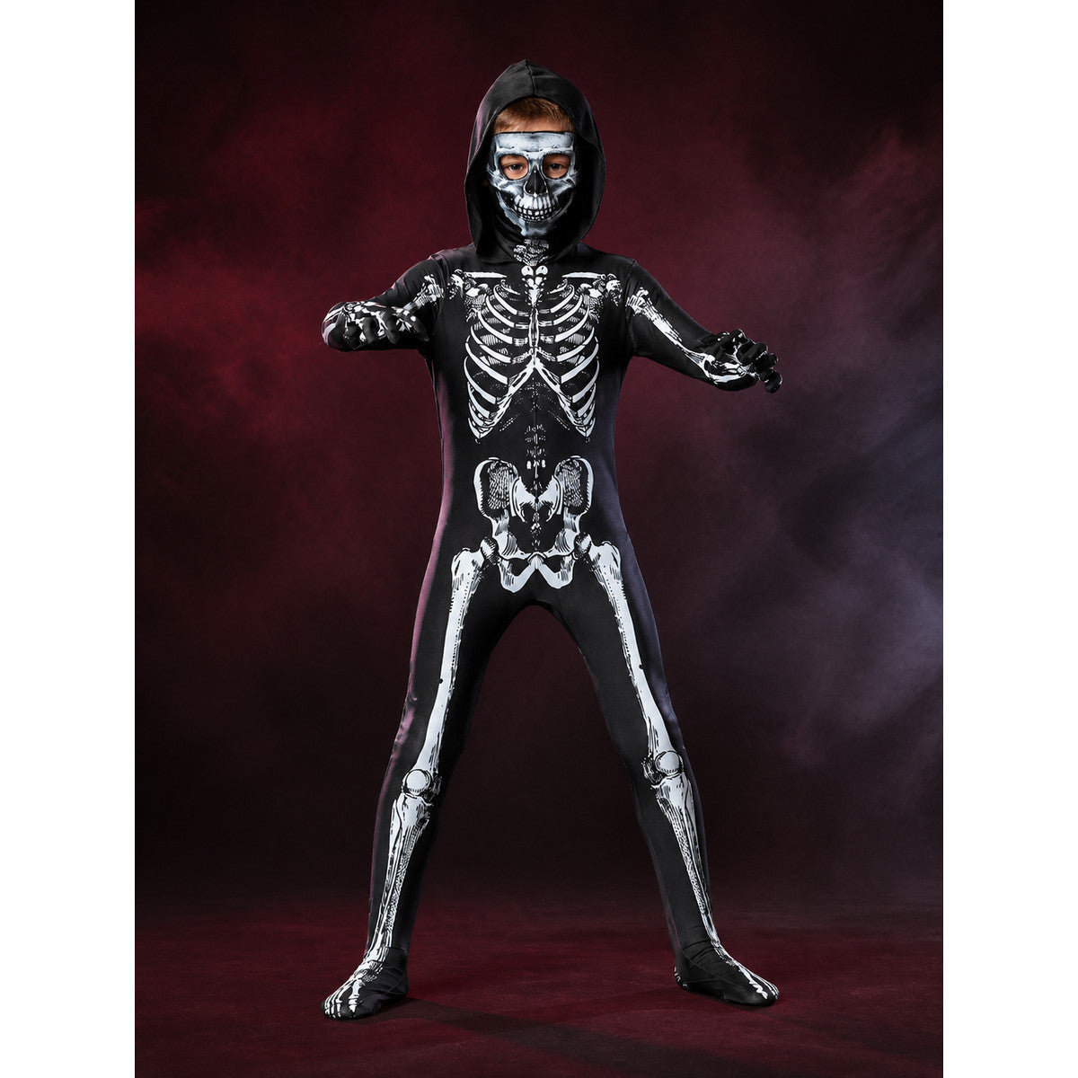 Kids Skeleton Hooded Bodysuit Costume, Black and White Bone Print Halloween main product view
