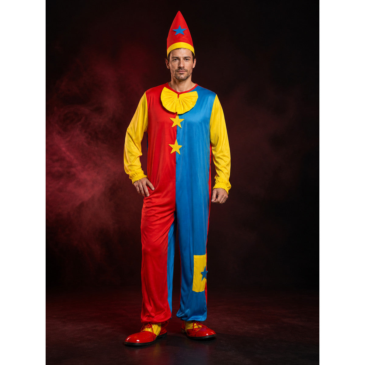 Unisex Clown Jumpsuit Costume with Hat, Colorful Star Print Outfit for Halloween main product view