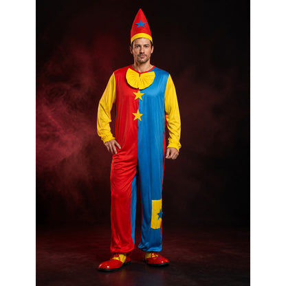 Unisex Clown Jumpsuit Costume with Hat, Colorful Star Print Outfit for Halloween main product view
