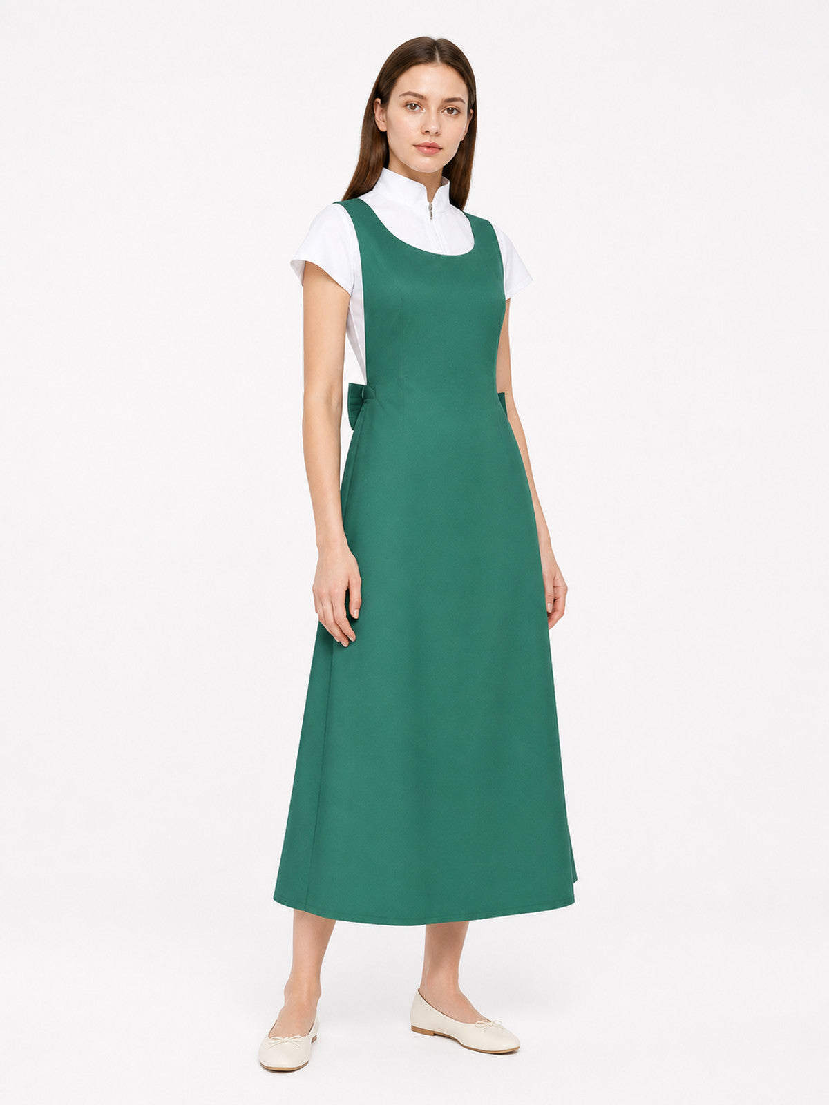 Long green pinafore dress with pockets Costume Dresses detail