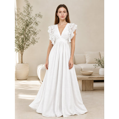 White Floor-Length Dress with a V-Neckline and Ruffled Sleeves lifestyle