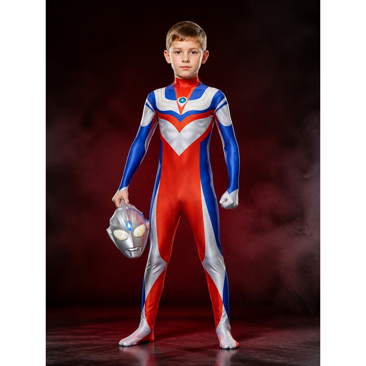 Unisex Superhero Bodysuit Costume with Light-Up Mask, Red Blue White Silver main product view