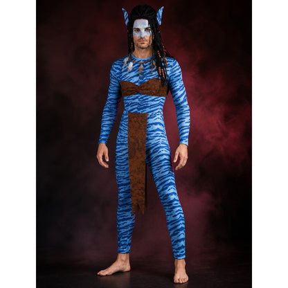 Unisex Avatar Style Blue Tiger Stripe Bodysuit Costume Set with Irregular Hem main product view