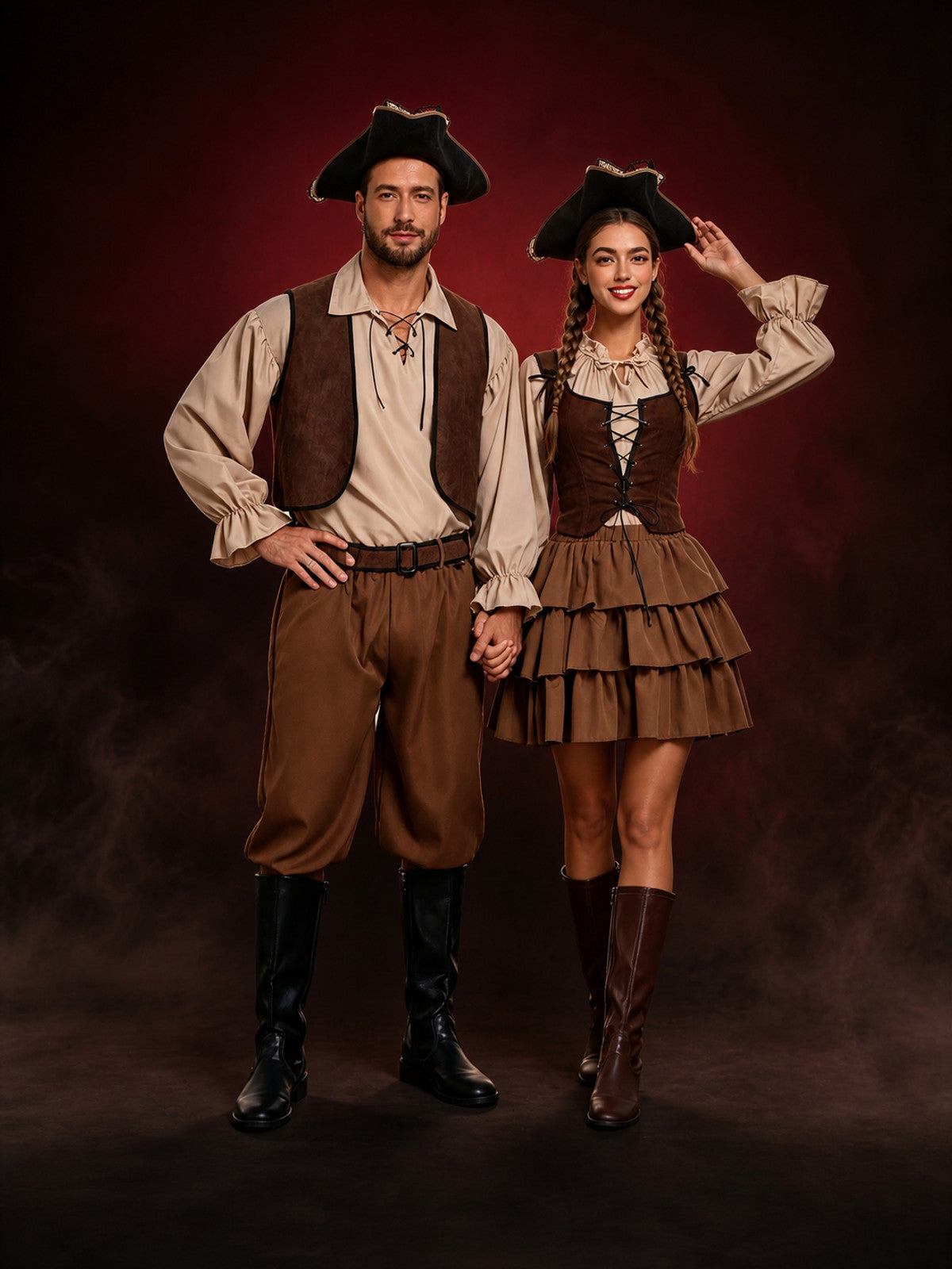 Couple's Retro Pirate Costume Set - Lace-Up Corset Dress & Vest For Halloween
