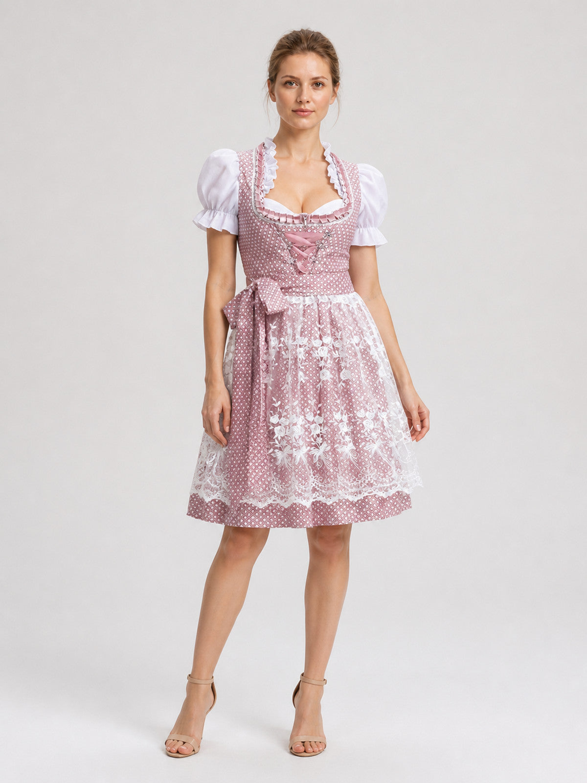 Pink and White Bavarian-Style Lace Dress Costume Dresses detail