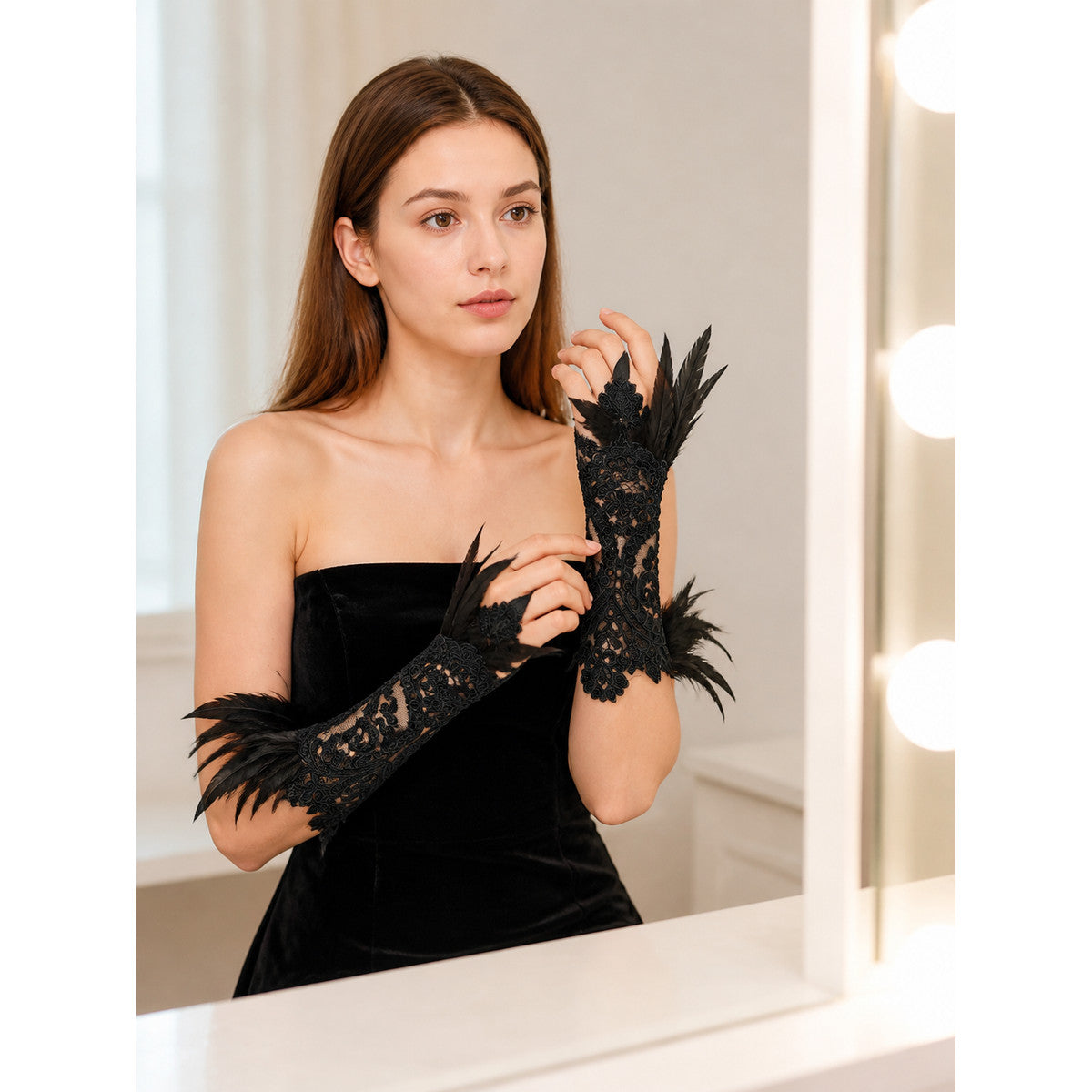 Black Lace Carnival Gloves with Feathers, Pair