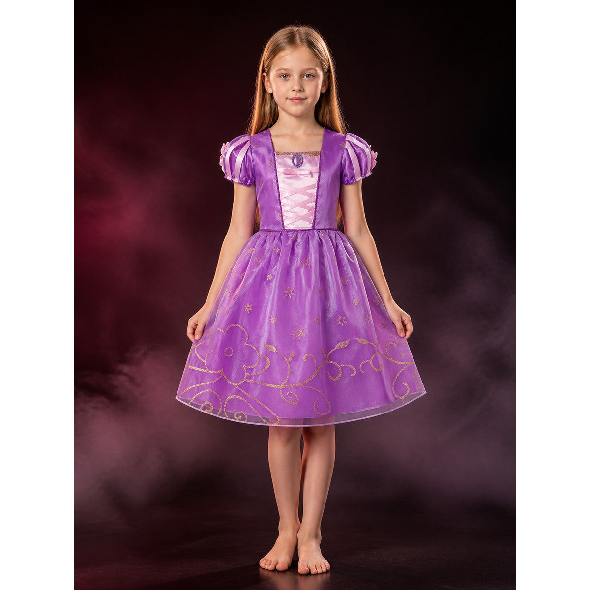 Girls Princess Puff Sleeve Tulle Dress Costume, Star and Floral Print, Halloween main product view