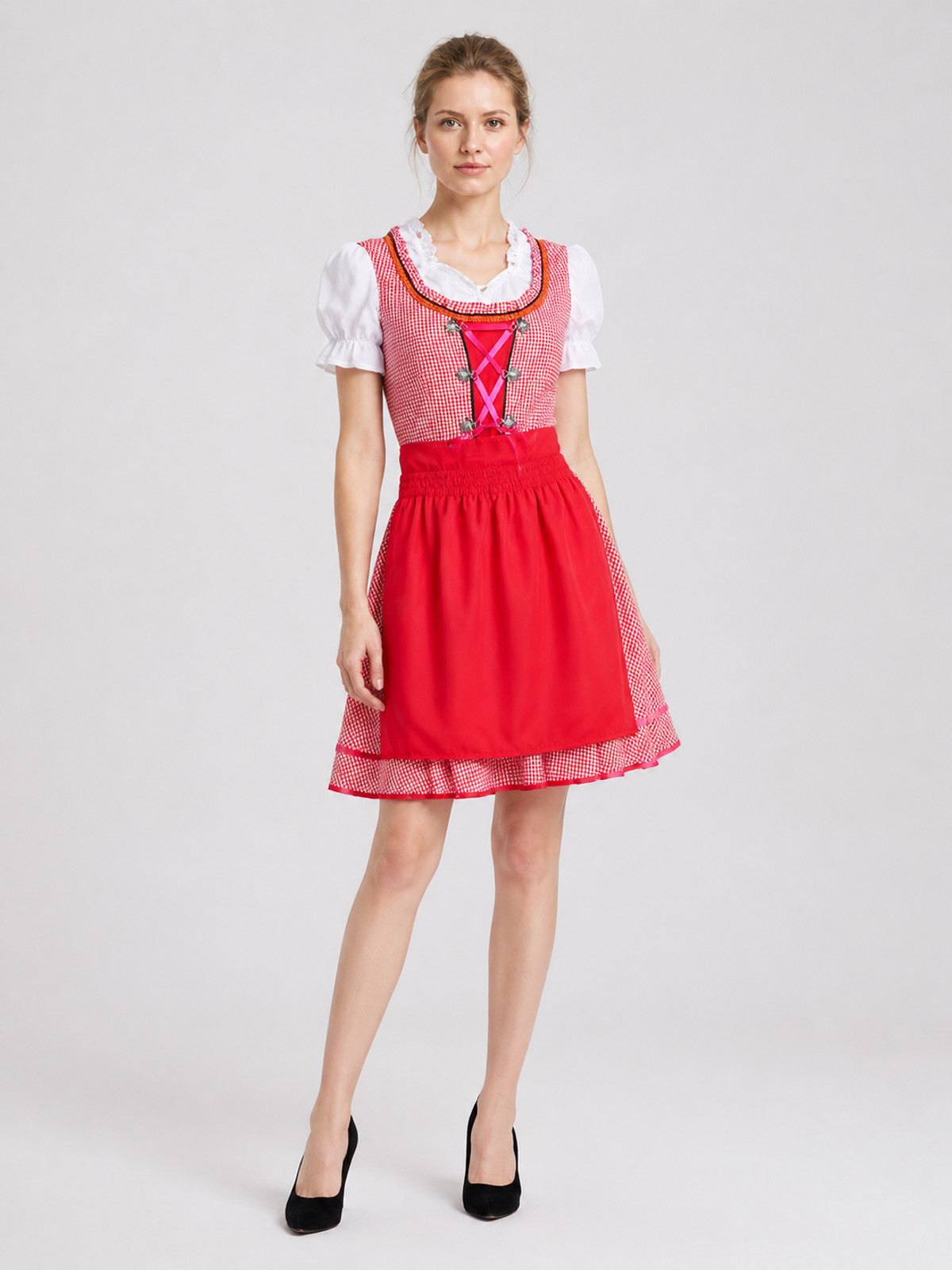 Bavarian Traditional Dress, Red Plaid, with Apron Costume Dresses detail