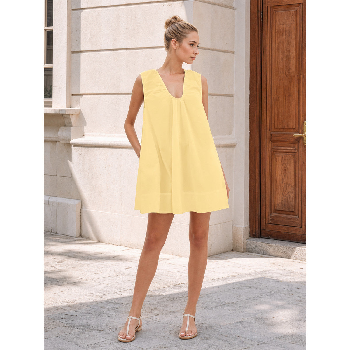 Light Yellow Sleeveless Midi Dress with U-Neckline