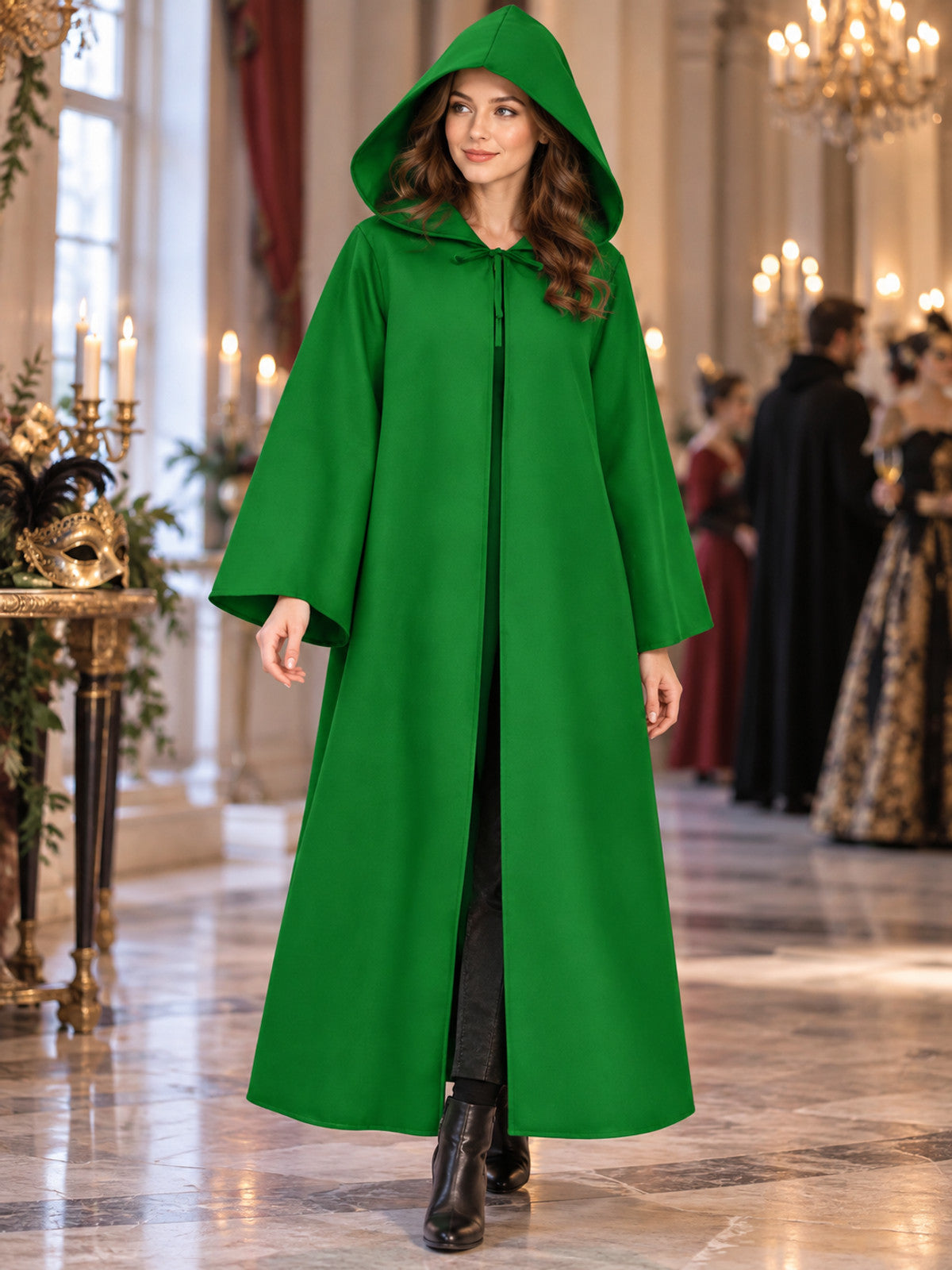 Long hooded cloak, green, loose fit